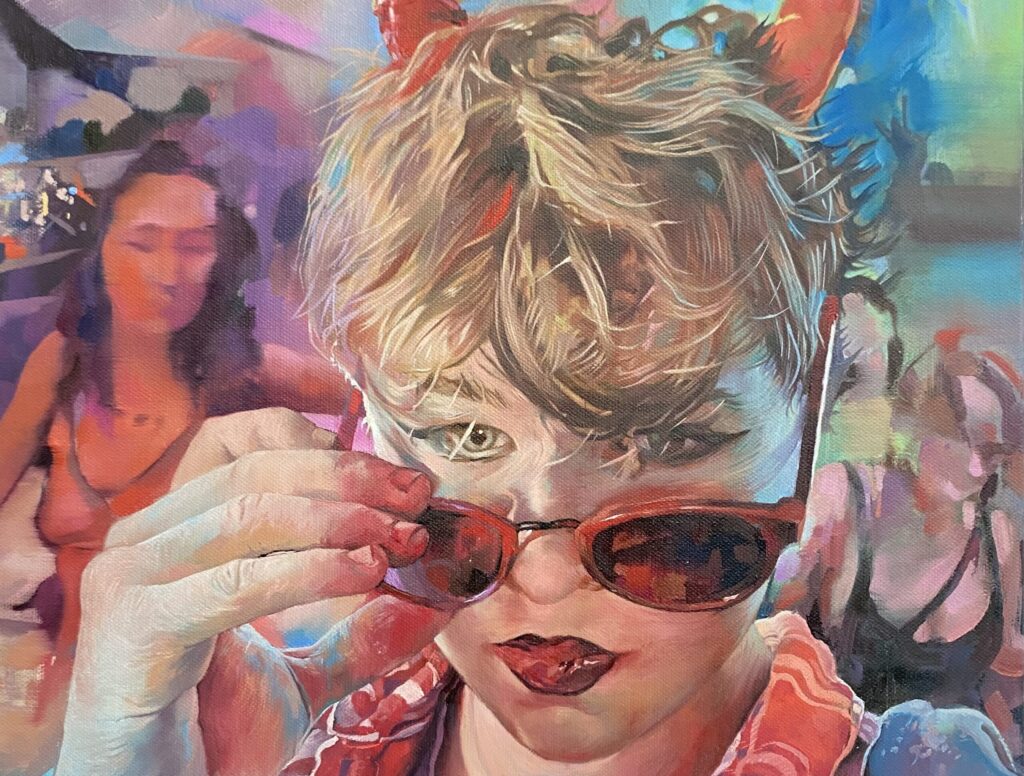 Photo shows a painting by Catherine MacDiarmid, the painting is of a person with short hair lowering their sunglasses. There are a couple of figures which are blurred behind them. The painting is very colourful.