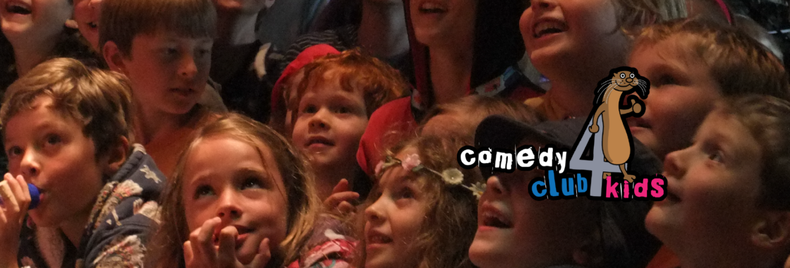 Comedy Club 4 Kids logo in front of an image of children