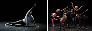 Snapshots of dancers on stage with dramatic lighting and shapes