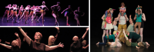 Snapshots of dancers on stage with dramatic lighting and shapes