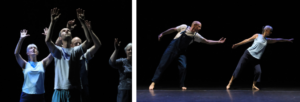 Snapshots of dancers on stage with dramatic lighting and shapes