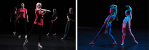 Snapshots of dancers on stage with dramatic lighting and shapes