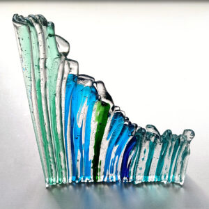 Blue and green fused glass sculpture