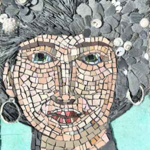 Handmade Mosaic portrait of woman with grey hair and hoop earrings