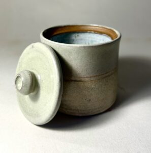 Handmade sage reen and brown pot with lid